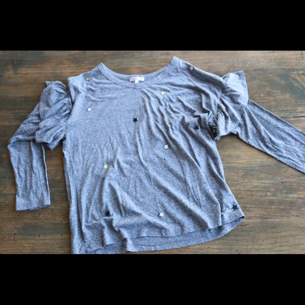 Sundry light grey long sleeved shirt with ruffle accent & star pattern